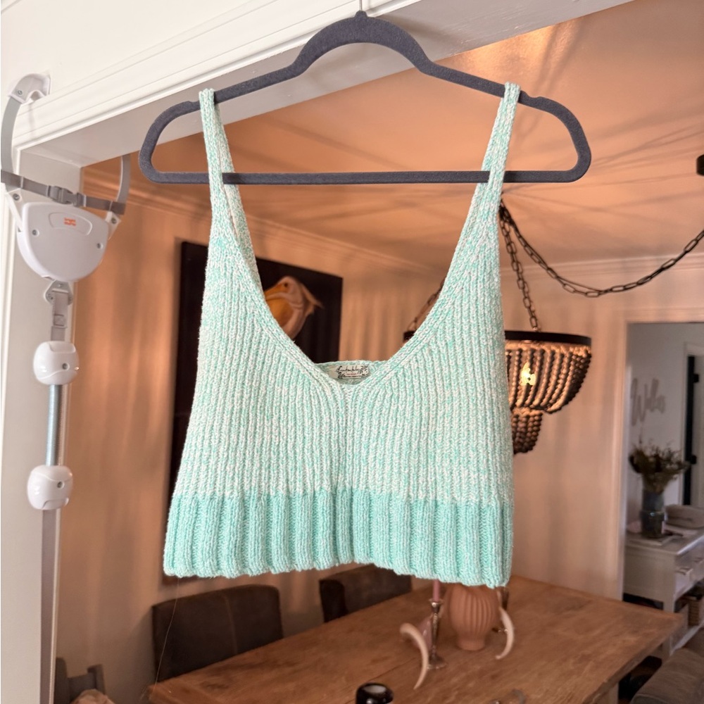 Free People Mint Ribbed V-Neck Knit Crop Tank